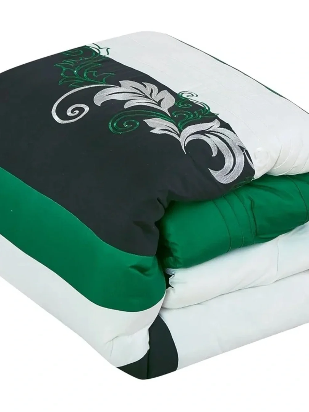 Green and White Floral Stripe 3 piece queen Comforter Set